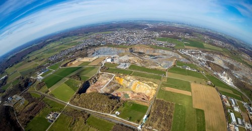 Aerial view, quarries in Warstein, fisheye, fisheye image, Warstein, North Rhine-Westphalia,