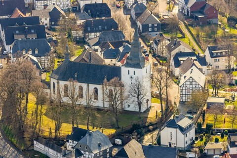Aerial view, Old Church of St Pankratius, Belecke district, Warstein, North Rhine-Westphalia,