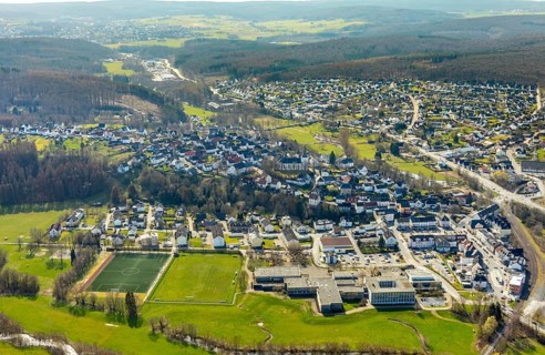 Aerial view, view of Belecke, Warstein secondary school, Möhnetal sports centre, Warstein, North