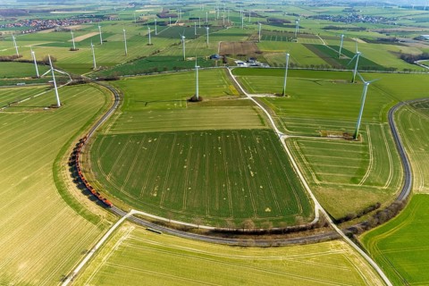Aerial view, wind turbines on the B55 federal road, train on railway line, Warstein, North