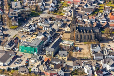 Aerial view, St. Pankratius Catholic parish church, Warstein town hall, construction site for town