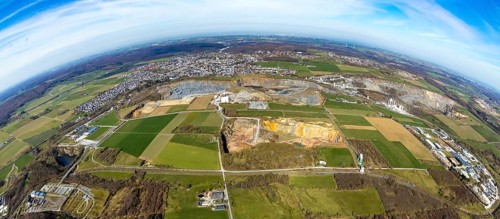 Aerial view, quarries in Warstein, fisheye, fisheye image, Warstein, North Rhine-Westphalia,