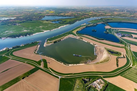 Aerial view, river Rhine, excavation lakes Bislicher Ley, Roosenhofsee, Grindsee, wind turbines,