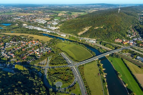 Aerial view, river Weser, Weser breakthrough, Wiehengebirge, Barkhausen, Porta Westfalica, OWL,