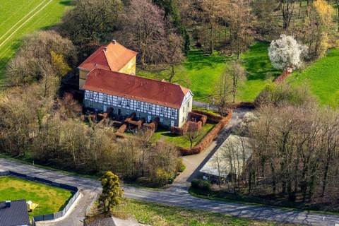 Aerial view, Haus Hilbeck, manor house, former moated castle, Werl, North Rhine-Westphalia, Germany
