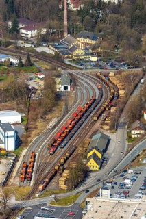 Aerial view, Warstein goods station, LWL boiler house with chimney, Warstein, North