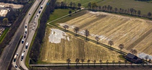 Aerial photograph, flooded meadow area, arable land, near Hammer Straße industrial estate, Werl,
