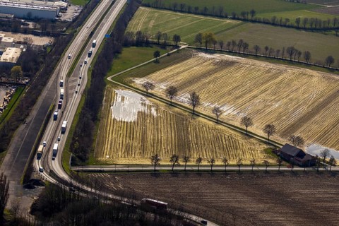 Aerial photograph, flooded meadow area, arable land, near Hammer Straße industrial estate, Werl,