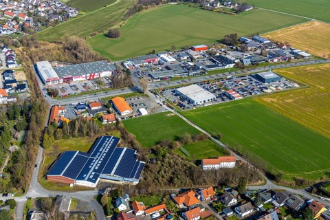 Aerial view, Soester Straße industrial estate, Hellweg DIY store, Werl, North Rhine-Westphalia,