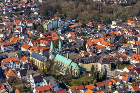 Aerial view, pilgrimage basilica, Klosterstraße, old pilgrimage church, Franciscan monastery, Werl,