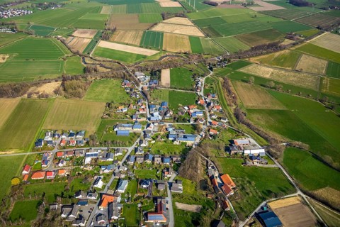 Aerial photograph, renaturalisation of Mühlenbach Ostlandstraße, Hubertus-Schützen-Straße, Mawicke
