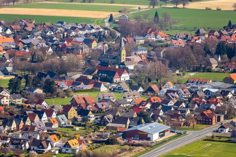 Aerial view, residential area, St. Cäcilia Westönnen Catholic Church, Werl, North Rhine-Westphalia,