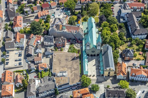 Aerial view, Catholic pilgrimage basilica of the Visitation of the Virgin Mary, Franciscan