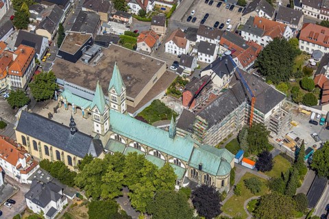 Aerial view, Catholic pilgrimage basilica of the Visitation of the Virgin Mary, Franciscan