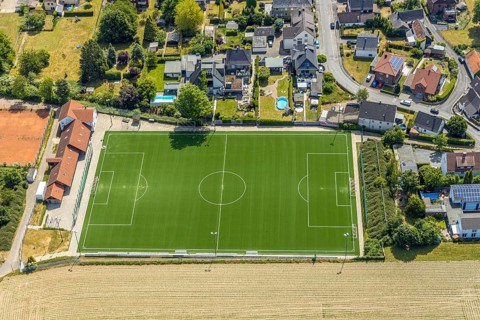 Aerial view, football pitch artificial turf, RW Westönnen, Westönnen, Werl, Soester Börde, North