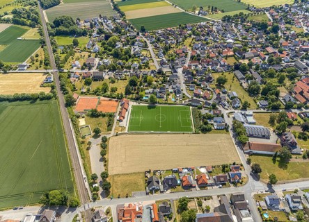 Aerial view, sports facility, sports field, football pitch, artificial turf, tennis courts SV Rot