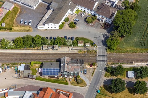 Aerial view, Westönnen railway station, railway line, Westönnen, Werl, Soester Börde, North