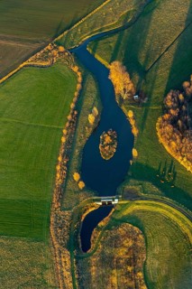 Aerial view, Sönnerbach and Salzbach streams and pond in autumn landscape, Werl, North