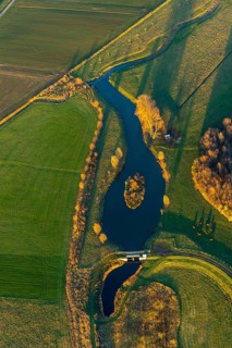 Aerial view, Sönnerbach and Salzbach streams and pond in autumn landscape, Werl, North