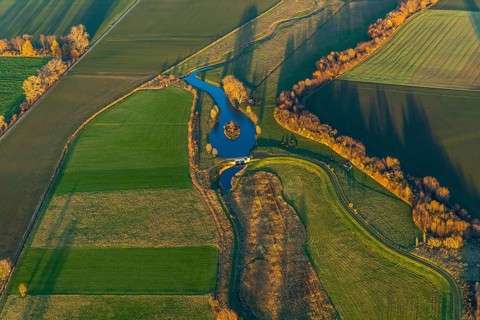 Aerial view, Sönnerbach and Salzbach streams and pond in autumn landscape, Werl, North