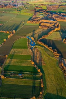 Aerial view, Sönnerbach and Salzbach streams and pond in autumn landscape, Werl, North