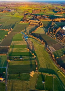 Aerial view, Sönnerbach and Salzbach streams and pond in autumn landscape, Werl, North