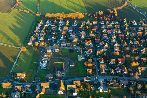 Aerial view, residential area Schlesienstraße Mönigstraße, roundabout Vincenz-Frigger-Straße,