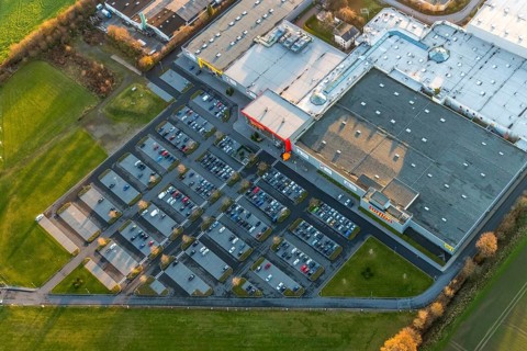Aerial view, Processionsweg industrial estate, Möbel Turflon, car parks, Werl, North