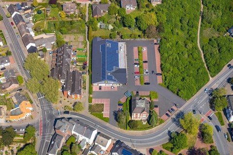 Aerial view, Lidl Discounter, shopping centre, Rees, Lower Rhine, North Rhine-Westphalia, Germany,