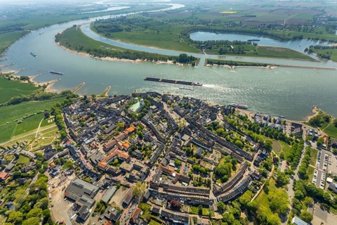 Aerial view, city centre view, catholic church St. Mariä Himmelfahrt, river Rhine, sports harbour