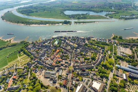 Aerial view, city centre view, catholic church St. Mariä Himmelfahrt, river Rhine, sports harbour