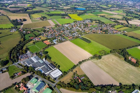 Aerial view, meadows and fields, local view Bokel, Rietberg, OWL, Ostwestfalen-Lippe, Ostwestfalen,