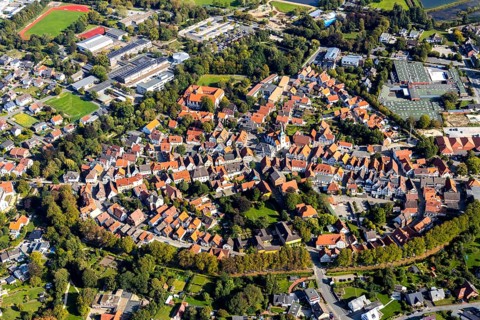 Aerial view, Old Town, Rietberg Town Hall, St. Johannes Baptist Catholic Parish Church, Rietberg,