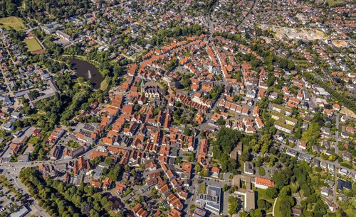 Aerial view, city overview, St. Ägidius Church, Wiedenbrück, Rheda-Wiedenbrück, East Westphalia,