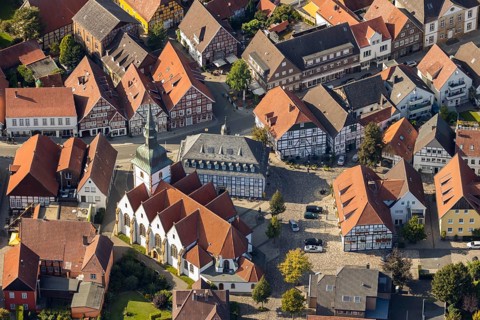 Aerial view, old town centre, Rietberg town hall, catholic parish church St. Johannes Baptist,