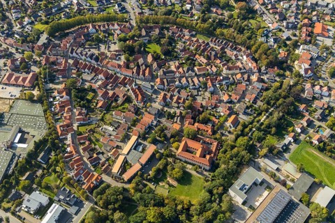 Aerial view, Old Town, Rietberg Town Hall, St. Johannes Baptist Catholic Parish Church, Rietberg,