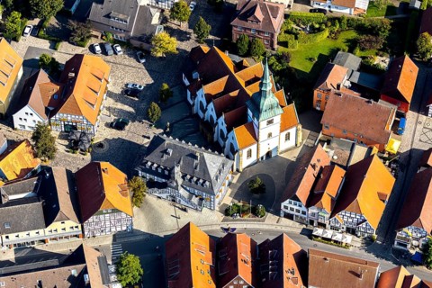 Aerial view, Rietberg town hall, catholic parish church St. Johannes Baptist, Rietberg, OWL,