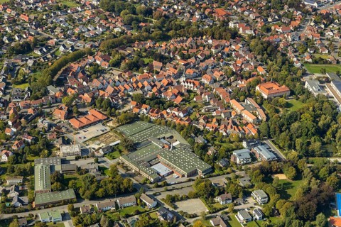 Aerial view, Old Town, Rietberg Town Hall, St. Johannes Baptist Catholic Parish Church, Rietberg,