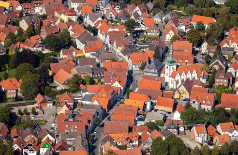 Aerial view, old town centre, Rietberg town hall, catholic parish church St. Johannes Baptist,