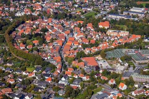 Aerial view, Old Town, Rietberg Town Hall, St. Johannes Baptist Catholic Parish Church, Rietberg,