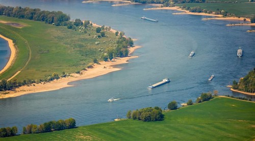 Aerial view, river Rhine, Rheinaue, Reeser Schanz landscape conservation area, shipping, cargo