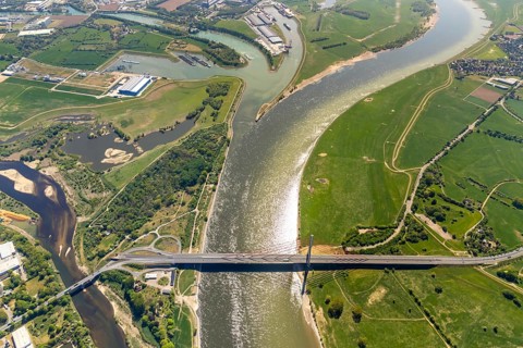 Aerial view, new mouth of the river Lippe near Wesel, Rhine, Rhine harbour, federal road connection