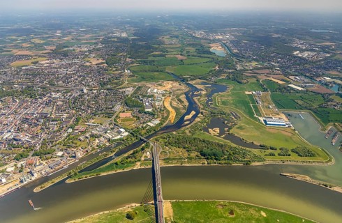 Aerial view, new mouth of the river Lippe near Wesel, Rhine, Rhine harbour, federal road connection