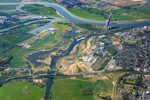 Aerial view, new mouth of the river Lippe near Wesel, Rhine, Rhine harbour, federal road connection