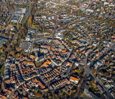 Aerial view, town centre, centre of Werne, St. Christophorus Church, historic town hall, Werne town