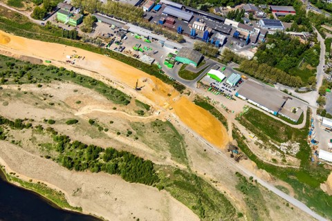 Aerial view, new mouth of the river Lippe near Wesel, Rhine, Rhine harbour, federal road connection