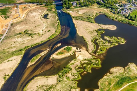 Aerial view, new mouth of the river Lippe near Wesel, Rhine, Rhine harbour, federal road connection