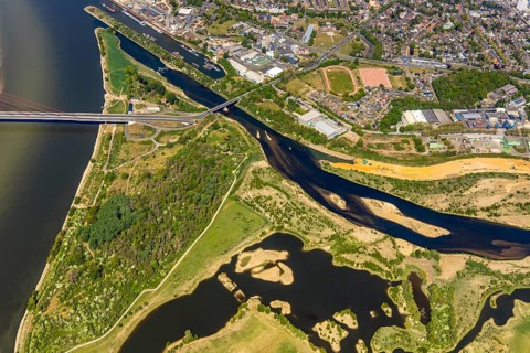 Aerial view, new mouth of the river Lippe near Wesel, Rhine, Rhine harbour, federal road connection