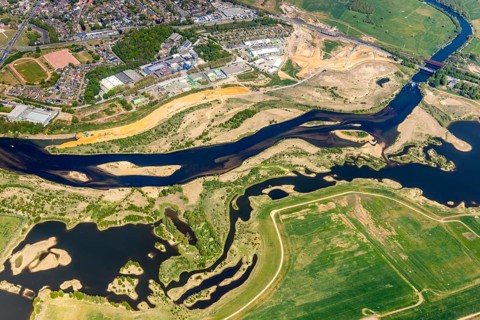 Aerial view, new mouth of the river Lippe near Wesel, Rhine, Rhine harbour, federal road connection