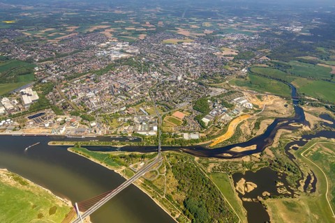 Aerial view, new mouth of the river Lippe near Wesel, Rhine, Rhine harbour, federal road connection